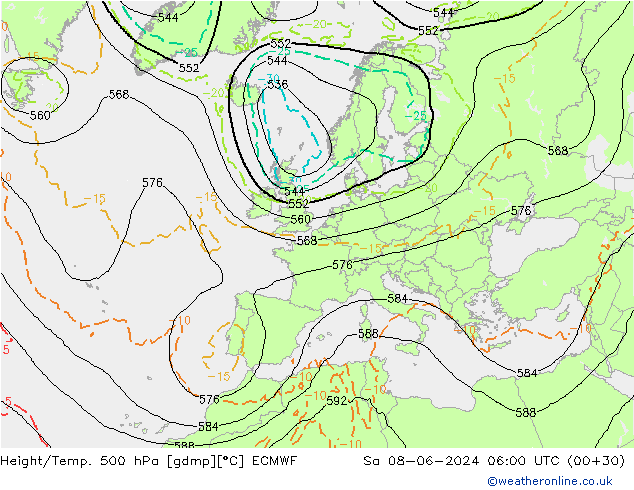 Z500/Rain (+SLP)/Z850 ECMWF Sa 08.06.2024 06 UTC