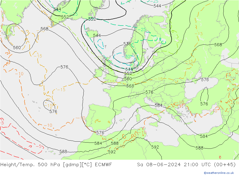 Height/Temp. 500 hPa ECMWF Sa 08.06.2024 21 UTC