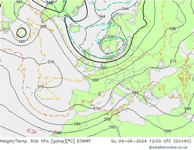 Z500/Rain (+SLP)/Z850 ECMWF Su 09.06.2024 12 UTC