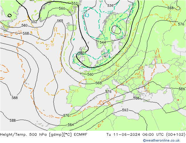 Z500/Rain (+SLP)/Z850 ECMWF Út 11.06.2024 06 UTC