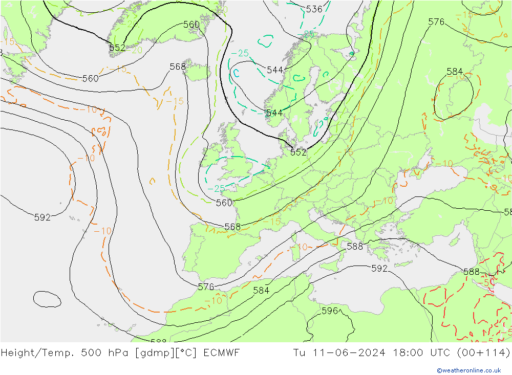 Z500/Rain (+SLP)/Z850 ECMWF wto. 11.06.2024 18 UTC