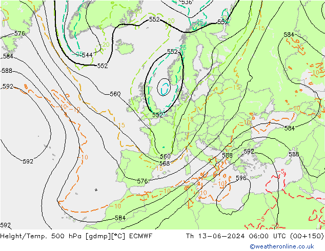 Z500/Rain (+SLP)/Z850 ECMWF Th 13.06.2024 06 UTC