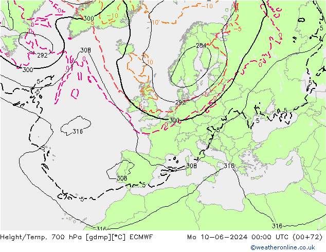 Height/Temp. 700 hPa ECMWF Po 10.06.2024 00 UTC