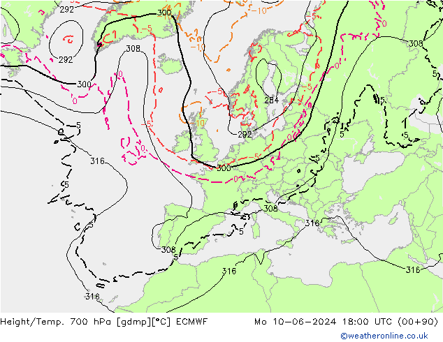 Geop./Temp. 700 hPa ECMWF lun 10.06.2024 18 UTC