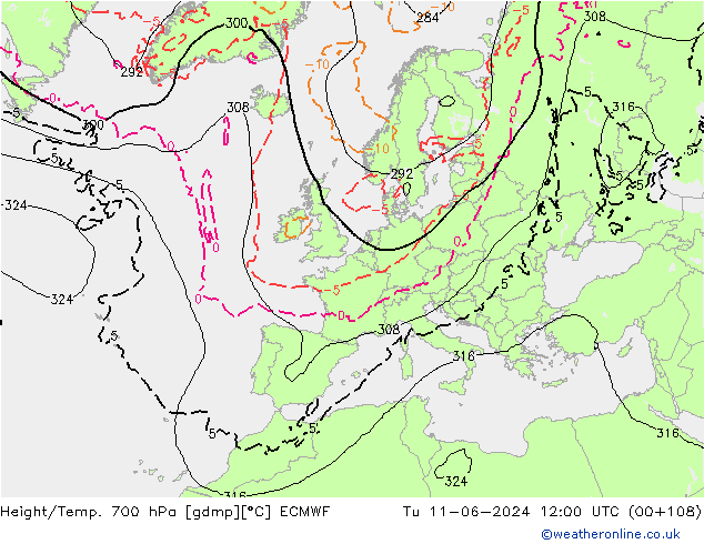 Height/Temp. 700 hPa ECMWF Út 11.06.2024 12 UTC