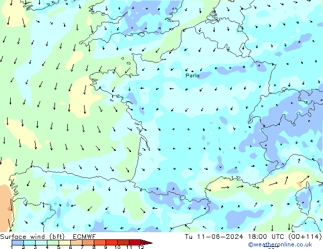 Vent 10 m (bft) ECMWF mar 11.06.2024 18 UTC