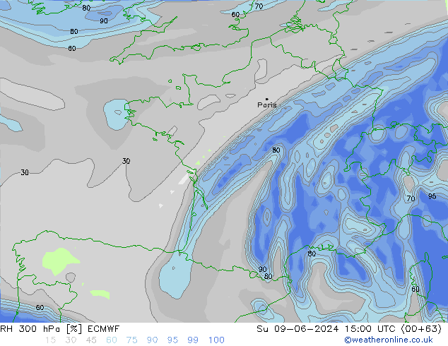 RH 300 hPa ECMWF Su 09.06.2024 15 UTC