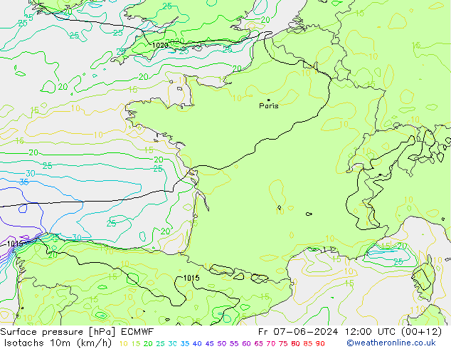 Isotachs (kph) ECMWF ven 07.06.2024 12 UTC