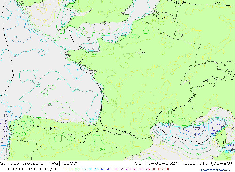 Isotachs (kph) ECMWF Po 10.06.2024 18 UTC