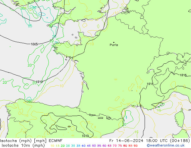 Isotachs (mph) ECMWF Fr 14.06.2024 18 UTC