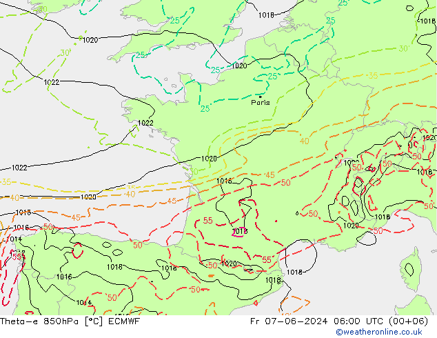 Theta-e 850hPa ECMWF vie 07.06.2024 06 UTC