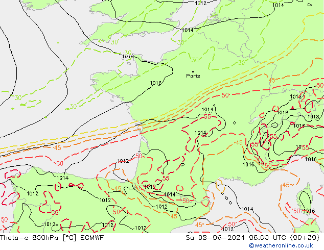 Theta-e 850hPa ECMWF Cts 08.06.2024 06 UTC