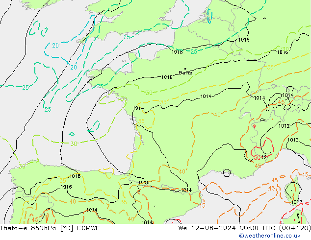 Theta-e 850hPa ECMWF Qua 12.06.2024 00 UTC