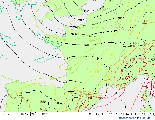 Theta-e 850hPa ECMWF Mo 17.06.2024 00 UTC