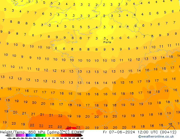 Hoogte/Temp. 850 hPa ECMWF vr 07.06.2024 12 UTC