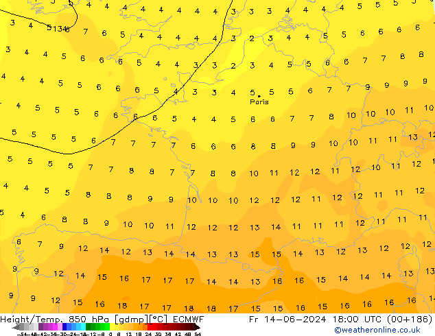 Height/Temp. 850 hPa ECMWF Fr 14.06.2024 18 UTC