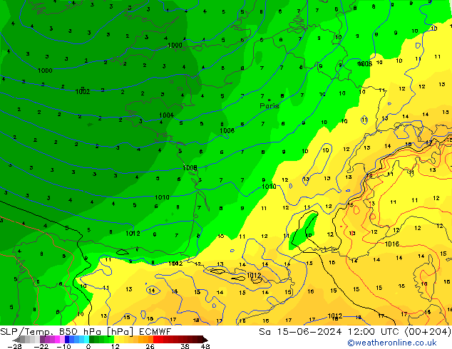 SLP/Temp. 850 hPa ECMWF Sáb 15.06.2024 12 UTC