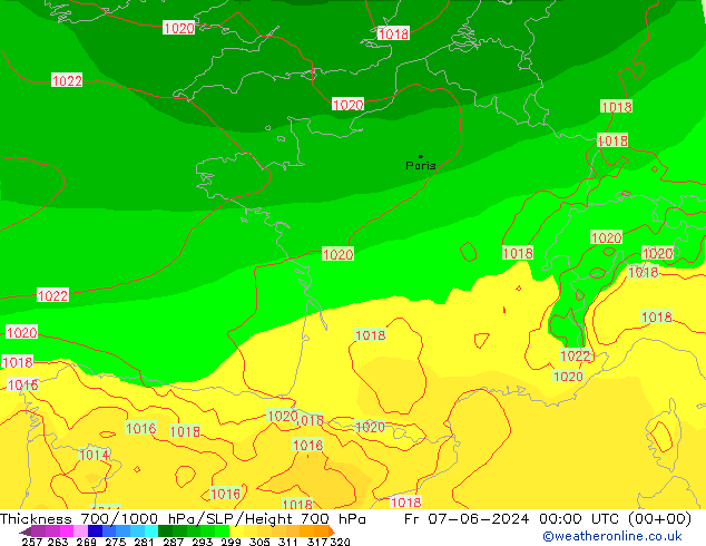 Thck 700-1000 гПа ECMWF пт 07.06.2024 00 UTC