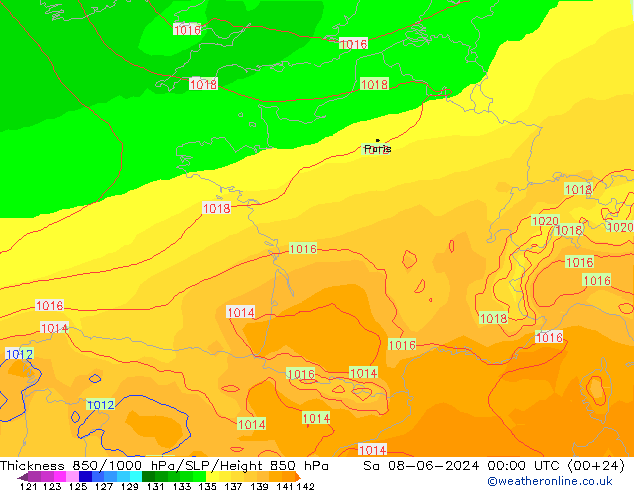 Thck 850-1000 hPa ECMWF Sáb 08.06.2024 00 UTC