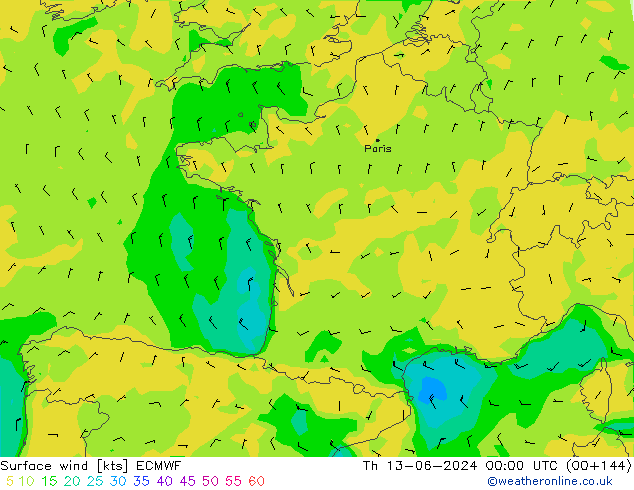 Vento 10 m ECMWF gio 13.06.2024 00 UTC