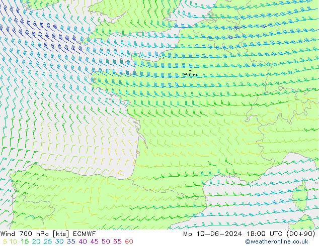 Vent 700 hPa ECMWF lun 10.06.2024 18 UTC