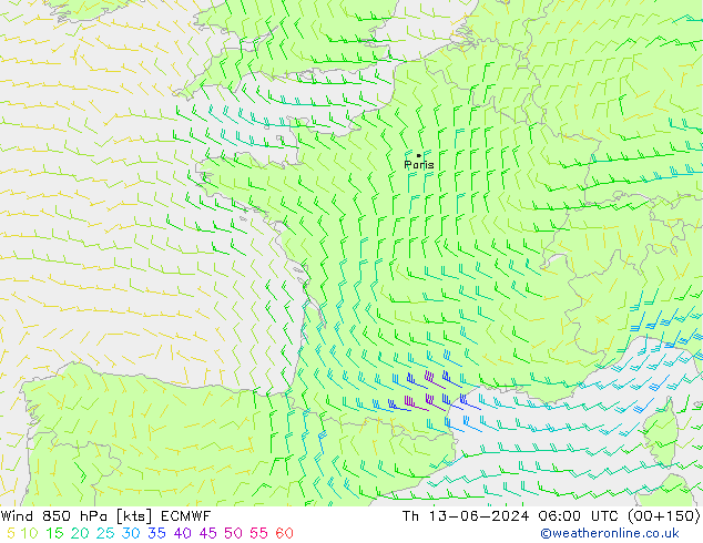 Viento 850 hPa ECMWF jue 13.06.2024 06 UTC