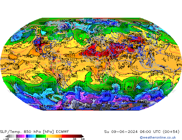 SLP/Temp. 850 hPa ECMWF Su 09.06.2024 06 UTC
