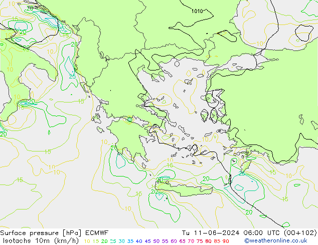 Isotachs (kph) ECMWF вт 11.06.2024 06 UTC