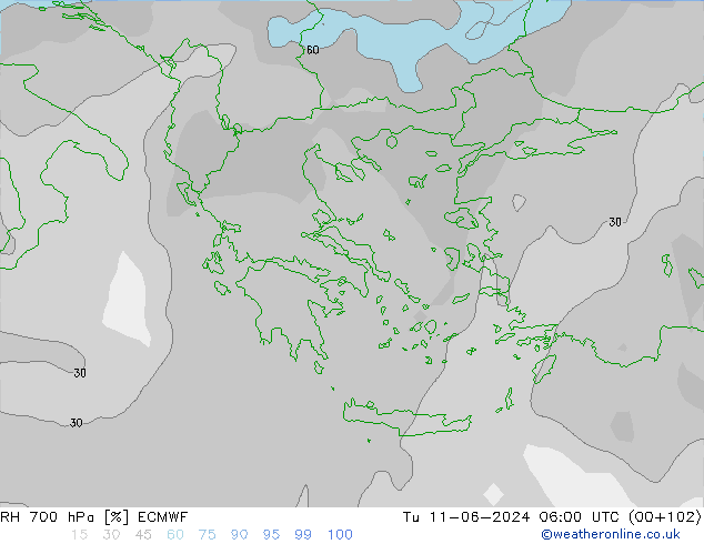 RH 700 hPa ECMWF Út 11.06.2024 06 UTC