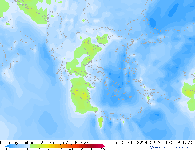 Deep layer shear (0-6km) ECMWF Sa 08.06.2024 09 UTC