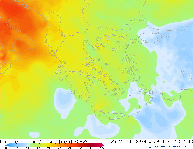 Deep layer shear (0-6km) ECMWF mer 12.06.2024 06 UTC