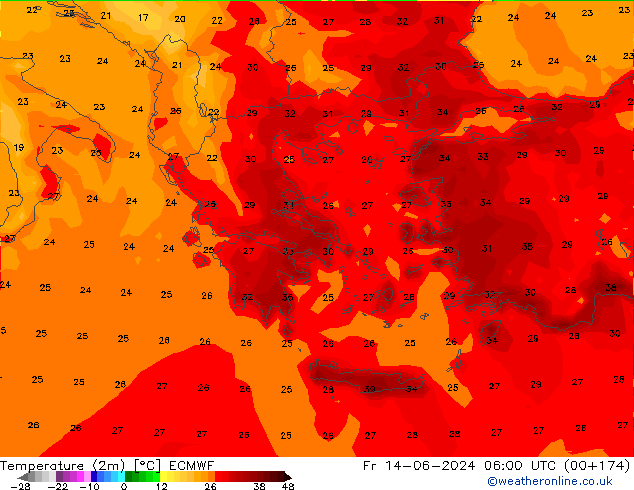 Temperaturkarte (2m) ECMWF Fr 14.06.2024 06 UTC