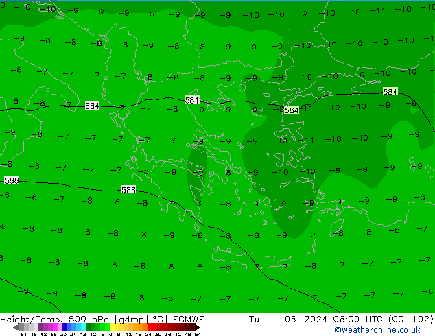 Z500/Rain (+SLP)/Z850 ECMWF Tu 11.06.2024 06 UTC