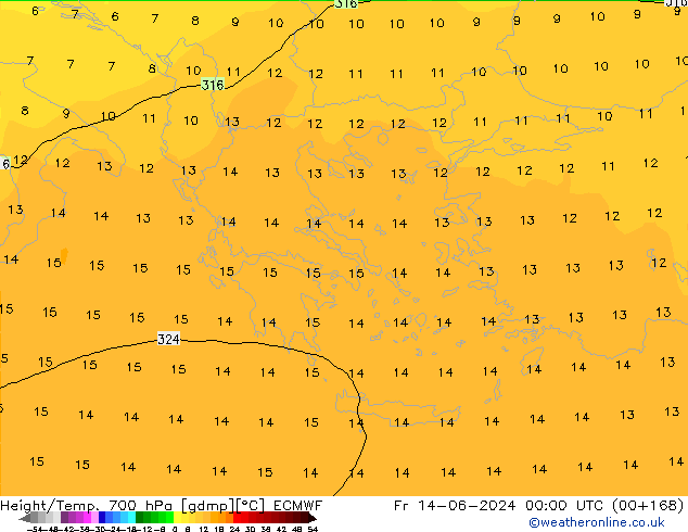 Hoogte/Temp. 700 hPa ECMWF vr 14.06.2024 00 UTC