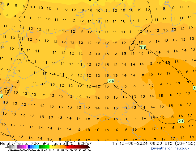 Height/Temp. 700 hPa ECMWF Th 13.06.2024 06 UTC