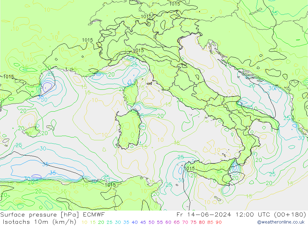 Isotachs (kph) ECMWF Fr 14.06.2024 12 UTC