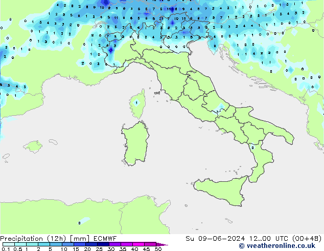 осадки (12h) ECMWF Вс 09.06.2024 00 UTC