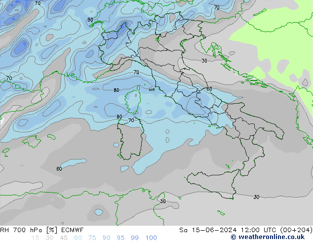 RH 700 hPa ECMWF Sa 15.06.2024 12 UTC