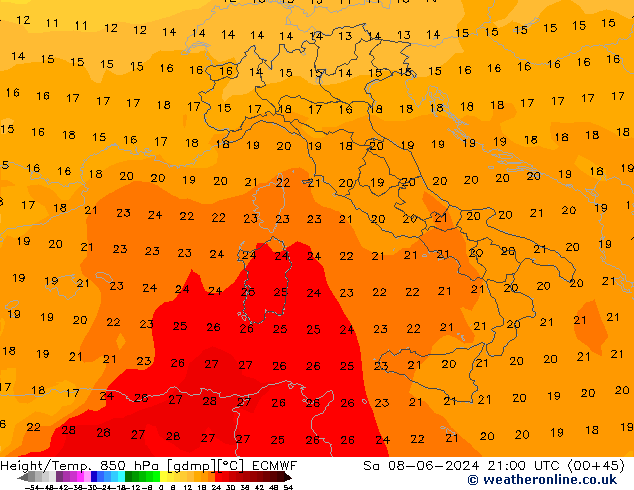 Height/Temp. 850 гПа ECMWF сб 08.06.2024 21 UTC