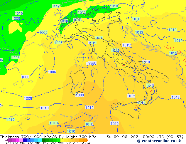 700-1000 hPa Kalınlığı ECMWF Paz 09.06.2024 09 UTC