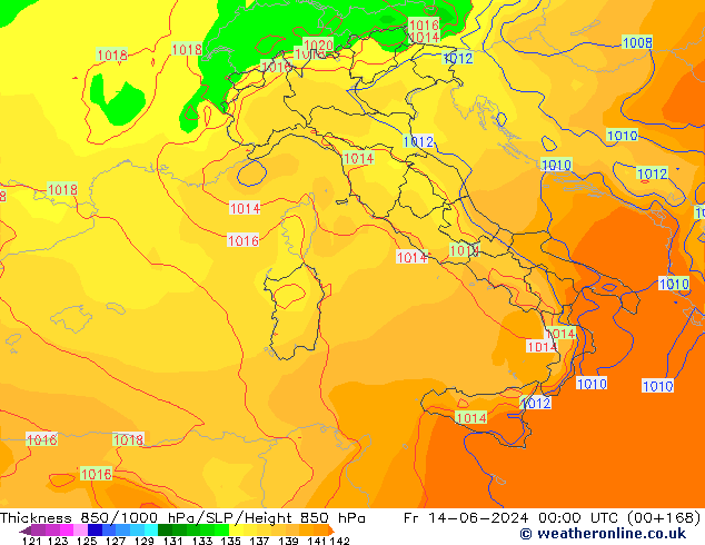 Thck 850-1000 hPa ECMWF ven 14.06.2024 00 UTC