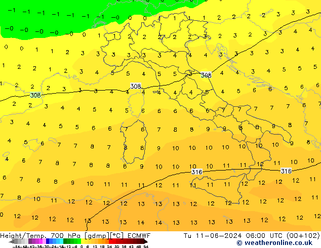 Height/Temp. 700 hPa ECMWF wto. 11.06.2024 06 UTC