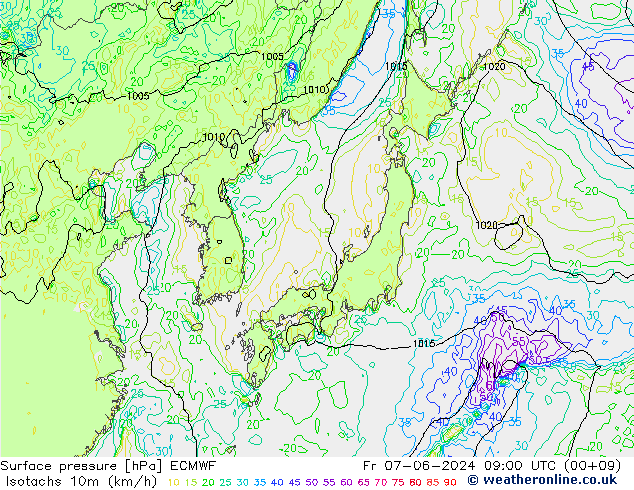 Isotachs (kph) ECMWF пт 07.06.2024 09 UTC