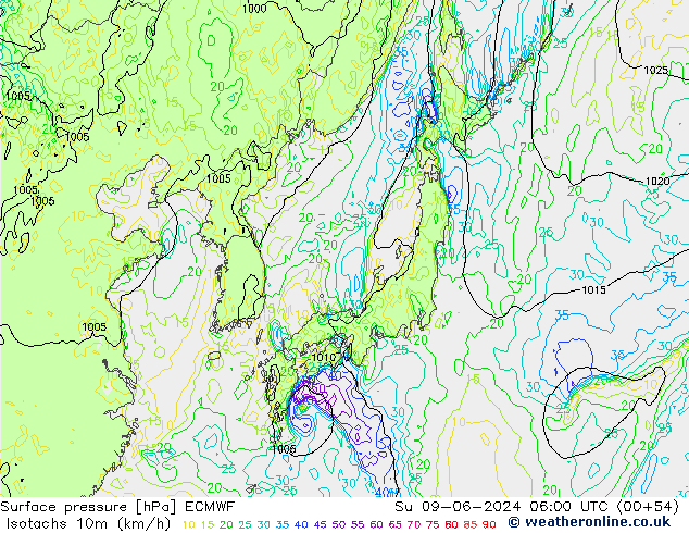 Isotachs (kph) ECMWF Su 09.06.2024 06 UTC