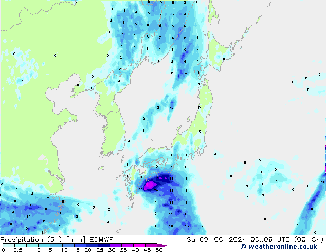 Prec 6h/Wind 10m/950 ECMWF Вс 09.06.2024 06 UTC