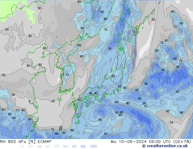 RH 850 hPa ECMWF Mo 10.06.2024 06 UTC