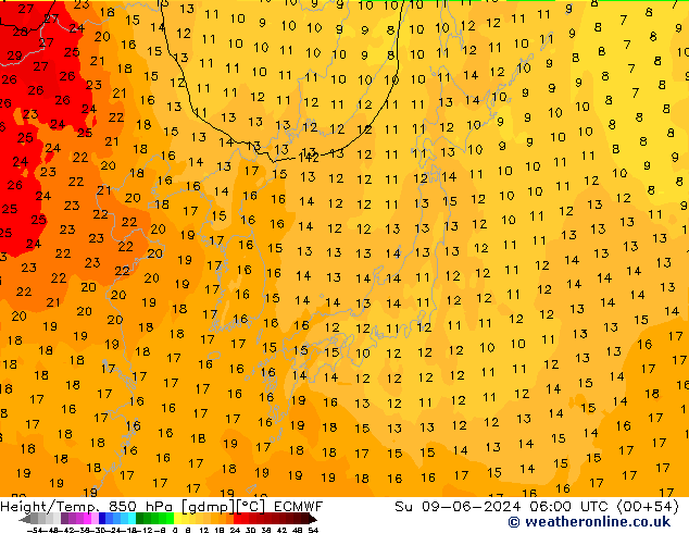 Height/Temp. 850 hPa ECMWF Su 09.06.2024 06 UTC