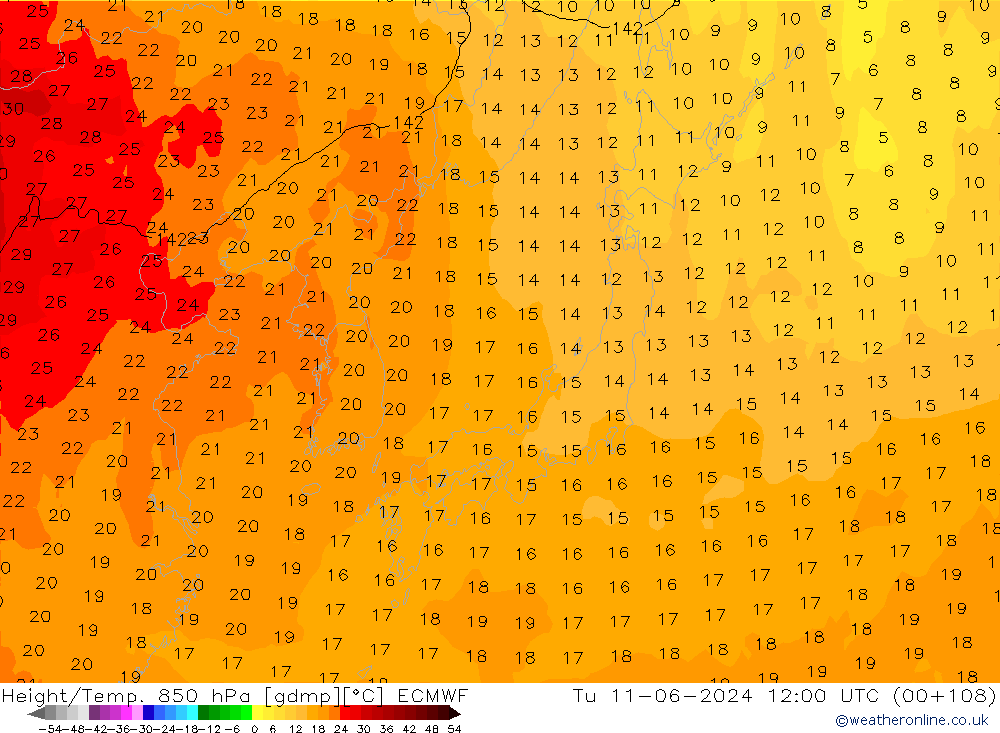 Z500/Rain (+SLP)/Z850 ECMWF wto. 11.06.2024 12 UTC