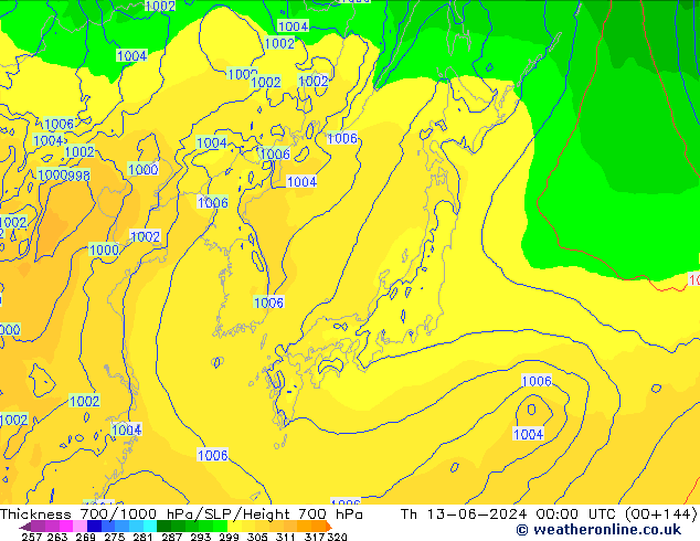 Thck 700-1000 hPa ECMWF Čt 13.06.2024 00 UTC