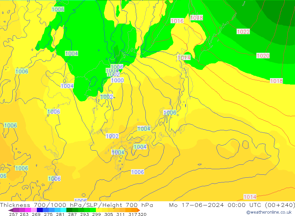 Thck 700-1000 hPa ECMWF lun 17.06.2024 00 UTC